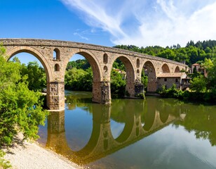 Fototapeta premium Ancient stone bridge over a calm river, reflecting in the water