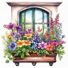 Fototapeta premium Abstract art colorful watercolor painting of Charming window with flowers in pots decorating a house wall art Hand painted brush stroke on white paper texture wallpaper background.