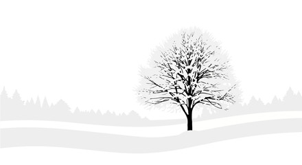 Monochrome Winter Scene Depicting Tree And Snow With Silhouetted Forest In Background