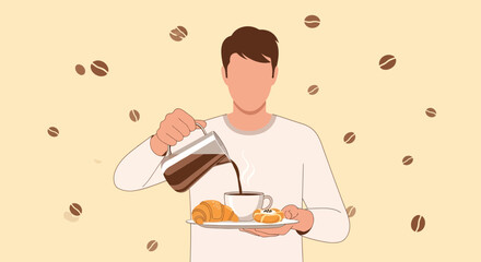 Morning Coffee Ritual Depicted With Freshly Brewed Beverage And Pastries Illustrations