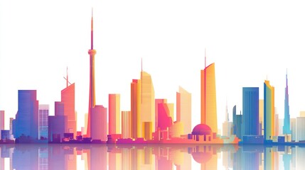 Obraz premium Silhouette of a modern cityscape with diverse building designs, mirrored below