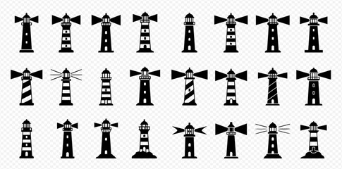 Collection of twenty-four different lighthouse silhouettes in black and white, arranged in a grid pattern.