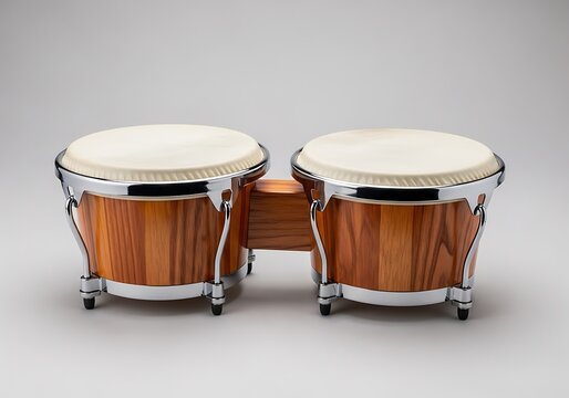 A pristine pair of wooden bongos isolated against a neutral backdrop