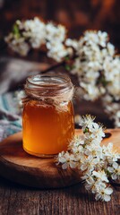 Fototapeta premium Stunning photo of close-up of a honey jar near flower blossoms. Honey jar on the wooden table in kitchen. Rustic style, with copy space for text or logo. Banner concept.