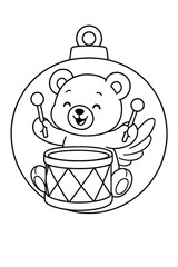 Happy bear playing drums inside a Christmas ornament for coloring on a white background
