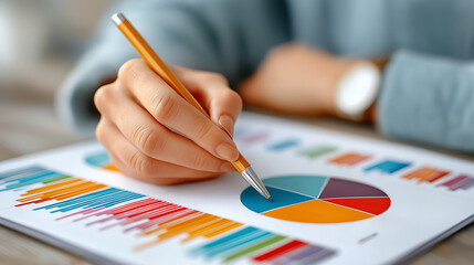 A hand holding a pen points to a pie chart on a financial report, with bar graphs in view, symbolizing analysis, planning, and strategic business insights.