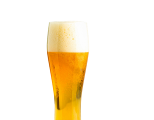 Cold Amber Beer in Glass with Foam and Brown Bottle, Isolated on White Background PNG