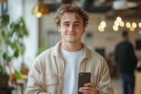 Portrait of young man who works in the office at a laptop, holds a phone in his hand and looks at the camera with a smile, Generative AI