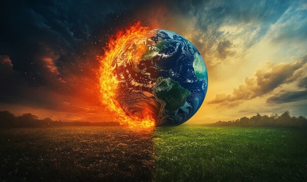 The harsh reality of climate change, depicted by a burning globe under a fiery red sky on one side, contrasted with a lush, green, thriving environment on the other, Generative AI