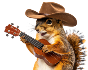Side View Squirrel Strumming Ukulele with Tilted Hat, Transparent Background