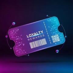 Digital loyalty reward ticket with circuit board design and floating orbs against a dark background.