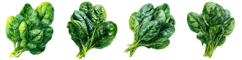 Obraz premium Lush Watercolor Spinach Bunches with Water Droplets, Fresh Greens, Organic Ingredient, Healthy Food Art PNG set Transparent background