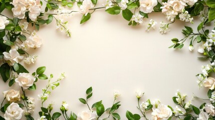 White wedding ceremony signboard decorated with elegant flowers and leaves.