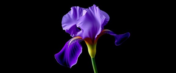 A regal violet iris, petals unfurled in vibrant detail, isolated against a stark black backdrop,  shadows,  violet