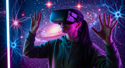 Woman experiencing virtual reality with headset, exploring futuristic digital galaxy interface