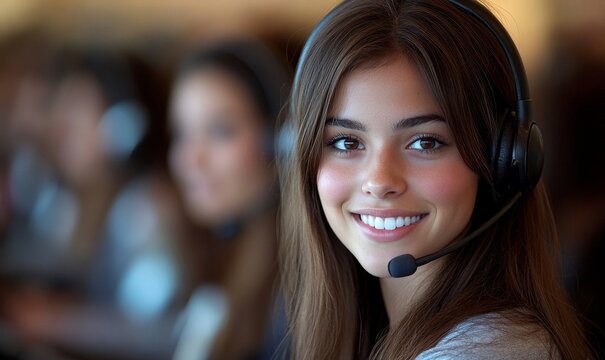 Smiling female customer service representative engaging with customers through a headset, exemplifying professionalism and customer care, Generative AI