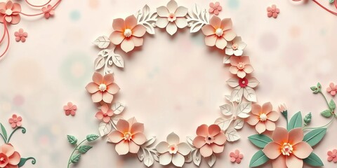 Naklejka premium Intricate paper-cut floral design in pastel shades forming a circular frame on an abstract festive background, romantic, cut out