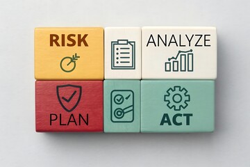 Six colorful blocks arranged in two rows with words Risk Plan Analyze Act and icons for target checklist graph and gear