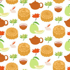 Seamless pattern with mooncakes, tea pots, pomelos, rabbits, and lotus flowers in a festive style. This vector represents Mid-Autumn Festival celebration and traditional Asian holiday elements