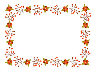 Season horizontal frame of branches of rowan with leaves and berries on a white background. Vector illustration	