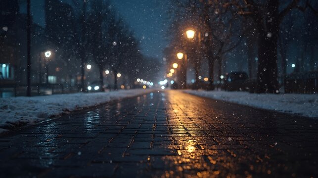 Empty snowy street at night illuminated by glowing lampposts with reflections on wet cobblestone pavement, creating a serene winter urban landscape perfect for atmospheric background or wallpaper.
