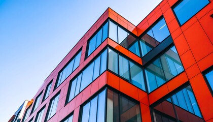 Striking modern architecture featuring vibrant orange panels and mirrored glass facade