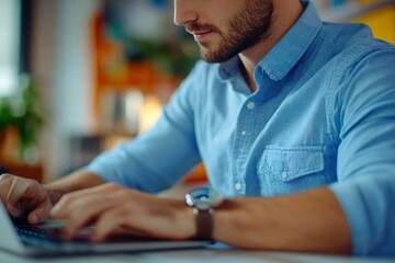 Close-up photo of  part. Hands of young male office worker in a blue shirt holding a credit card and typing on a laptop keyboard, Generative AI