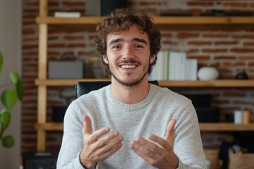 Portrait of young male teacher teaching online via video call from the office. Sits in front of the camera and explains with a smile, gesturing with his hands, Generative AI