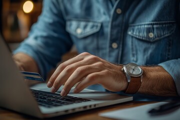 Close-up photo of  part. Hands of young male office worker in a blue shirt holding a credit card and typing on a laptop keyboard, Generative AI