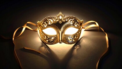Golden mask on a dark surface, with ribbons, illuminated, elegant design