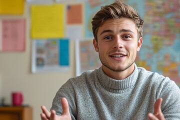 Portrait of young male teacher teaching online via video call from the office. Sits in front of the camera and explains with a smile, gesturing with his hands, Generative AI