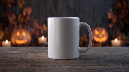 The coffee cup mockup is placed on a rustic wooden table with Halloween pumpkin decorations in the background, creating a festive and joyful atmosphere in a cozy home environment.