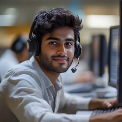 Young man in an Indian call center looking at the camera while working on his computer. The image conveys a professional and focused atmosphere in a customer service setting, Generative AI