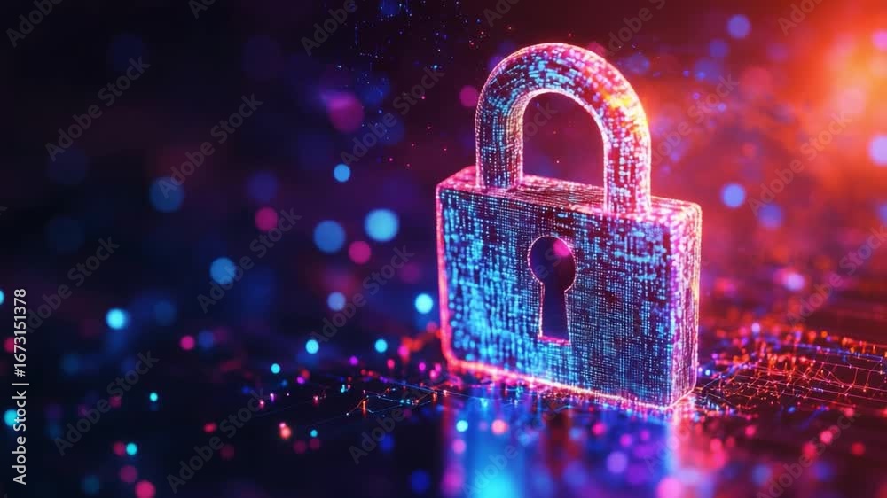 Wall mural this video showcases a striking digital padlock surrounded by colorful particles. it represents the 