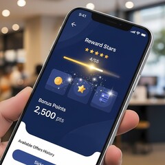 A person holds a smartphone displaying a customer loyalty program app with bonus points and reward stars.