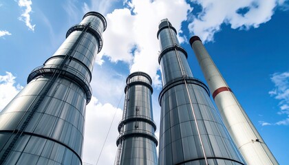 Industrial Chimneys Reaching Towards a Bright Blue Sky with Fluffy White Clouds