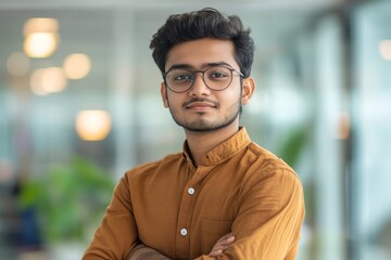 Portrait of young Indian man wearing glasses and a brown shirt standing in a modern office, crossing his arms over his chest and looking confidently at the camera, Generative AI