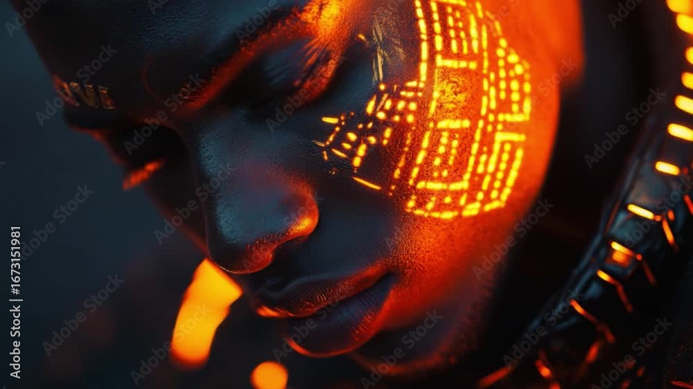 Wall mural explore a mesmerizing visual of a person with illuminated facial patterns. this footage captures the