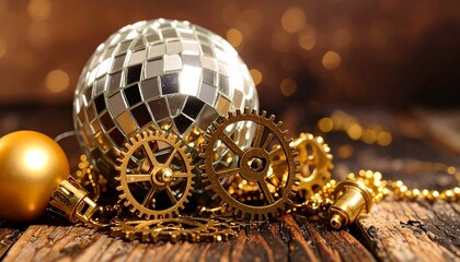 Festive arrangement featuring a disco ball, gears, and ornamental gold objects on wood