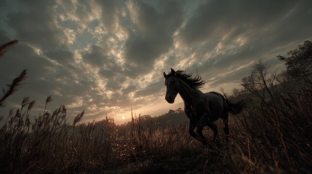 Black Horse Running in Sunset Field with Dramatic Cloudy Sky