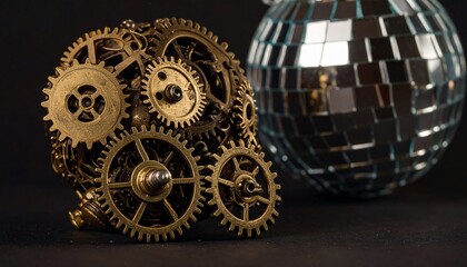 Mechanical Gears Skull and Disco Ball Composition Against Black Background