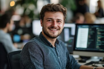 Portrait of successful man at workplace inside office, experienced smiling businessman in shirt smiling and looking at camera, programmer developing new software with laptop, Generative AI