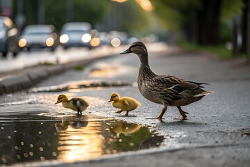 A striking visual of nature's perseverance, with the ducks' journey inviting contemplation on the themes of family, protection, and navigating a complex world.