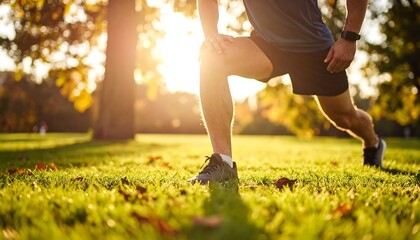 Man stretching legs outdoors, sunset