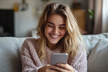 Happy woman unboxing a package and using a smartphone while sitting on the sofa at home, reflecting joy and excitement with personal purchases, Generative AI