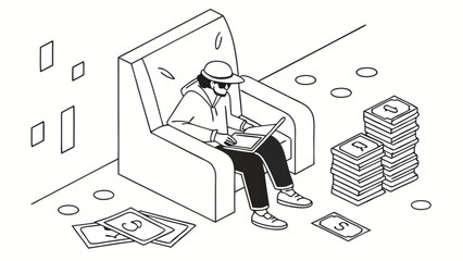 Online Earning & Remote Work Success. Person with laptop in armchair surrounded by cash stacks, symbolizing financial freedom.