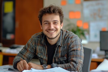 Young smiling male architect, engineer, and developer works in the office according to drawings, sits at a desk with papers, talks on a video call, Generative AI