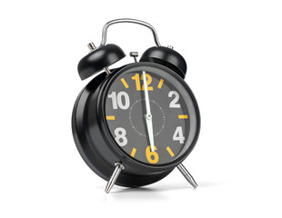 Bright black retro alarm clock with twin bells on transparent background. Classic style showing...