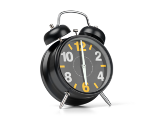 Bright black retro alarm clock with twin bells on transparent background. Classic style showing 6:00. Great for time-related designs and wake-up concepts in PNG format.
