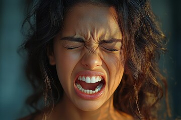 Woman experiencing severe toothache at home, displaying pain and discomfort, Generative AI